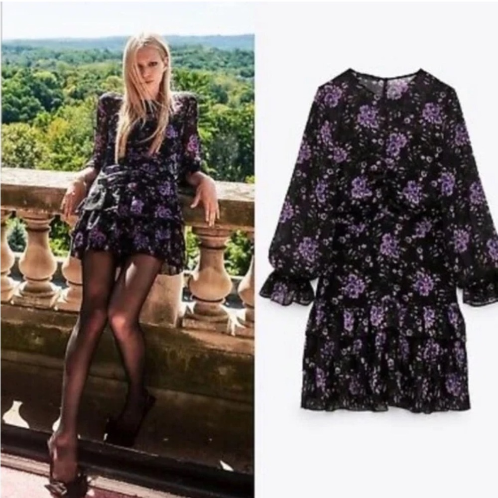 Zara draped printed chiffon ruffle dress Size Medium